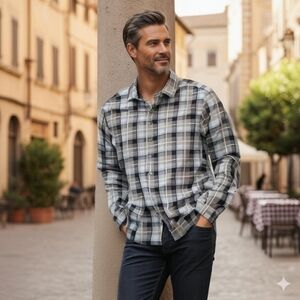 Bugatchi Men's Plaid Shirt - Black, Gray, and White (SH-10)